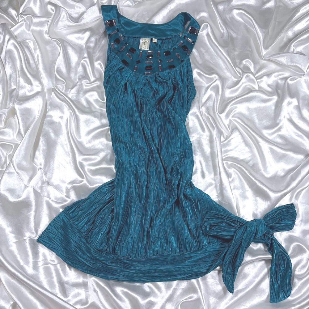 y2k Sleeveless Top Teal Excellent Beaded Neckline Side Tie Bow Heart Soul XL